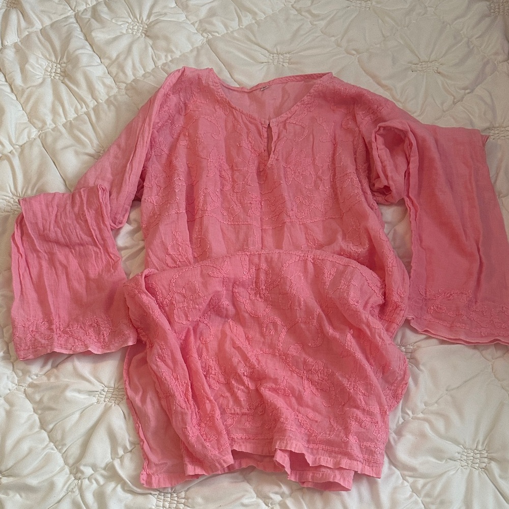 Chic Pink Embroidered Women's Tunic